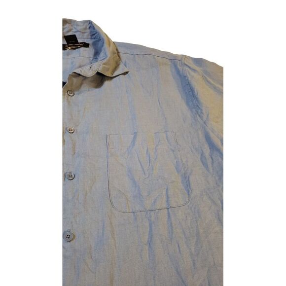 Pronto Uomo 100% Linen Short Sleeve  Button Down Shirt Blue Size L Designer - Picture 6 of 15